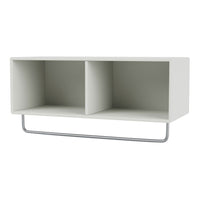 Minimalist gray shelving unit with a sleek design and a smooth matte finish, featuring two open compartments.