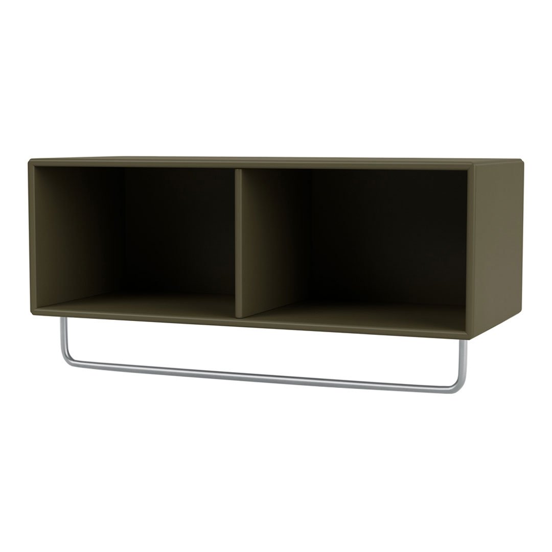 Olive green wall shelf with a minimalist design and two open compartments, featuring a sleek silver metal frame.