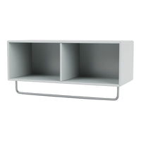 Light gray wall shelf with two open compartments and a sleek silver metal rail. Minimalist design for modern decor.