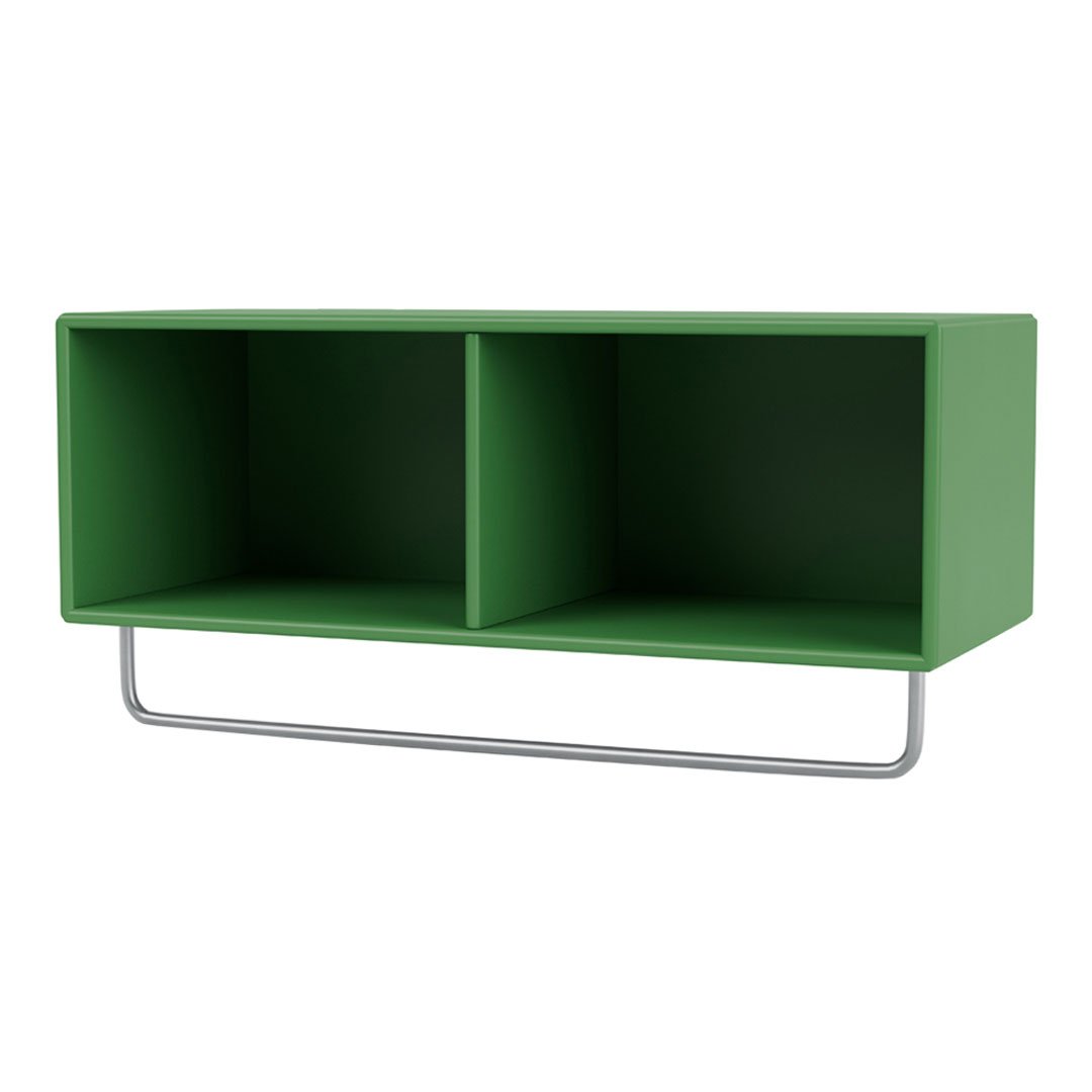 Modern green wall shelf with two compartments and sleek silver metal support. Perfect for minimalist decor.