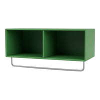 Modern green wall shelf with two compartments and sleek silver metal support. Perfect for minimalist decor.