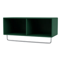 Green two-compartment wall shelf with a sleek metal frame, perfect for modern decor.