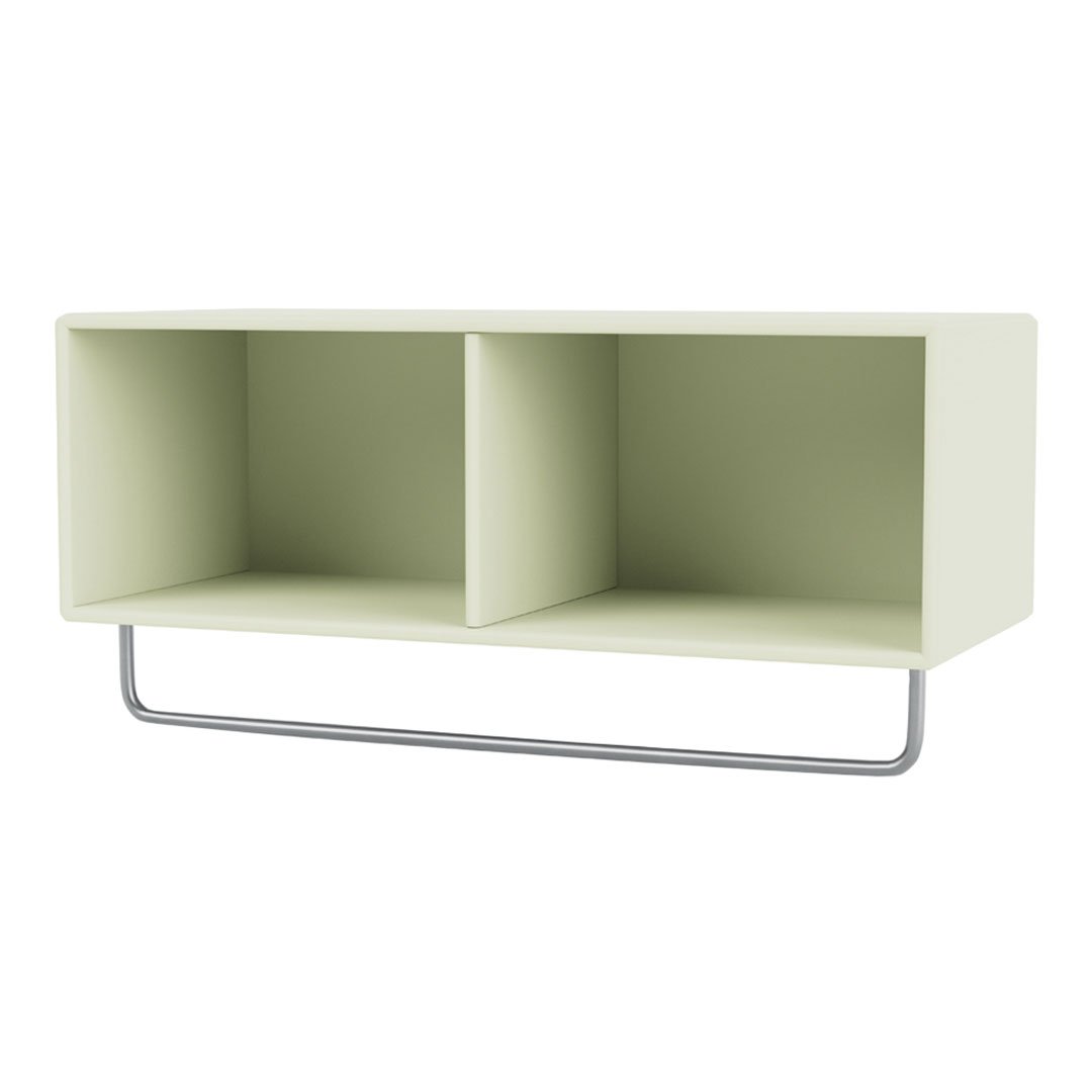 Light green storage shelf with a minimalist design and two open compartments, featuring a sleek silver frame.