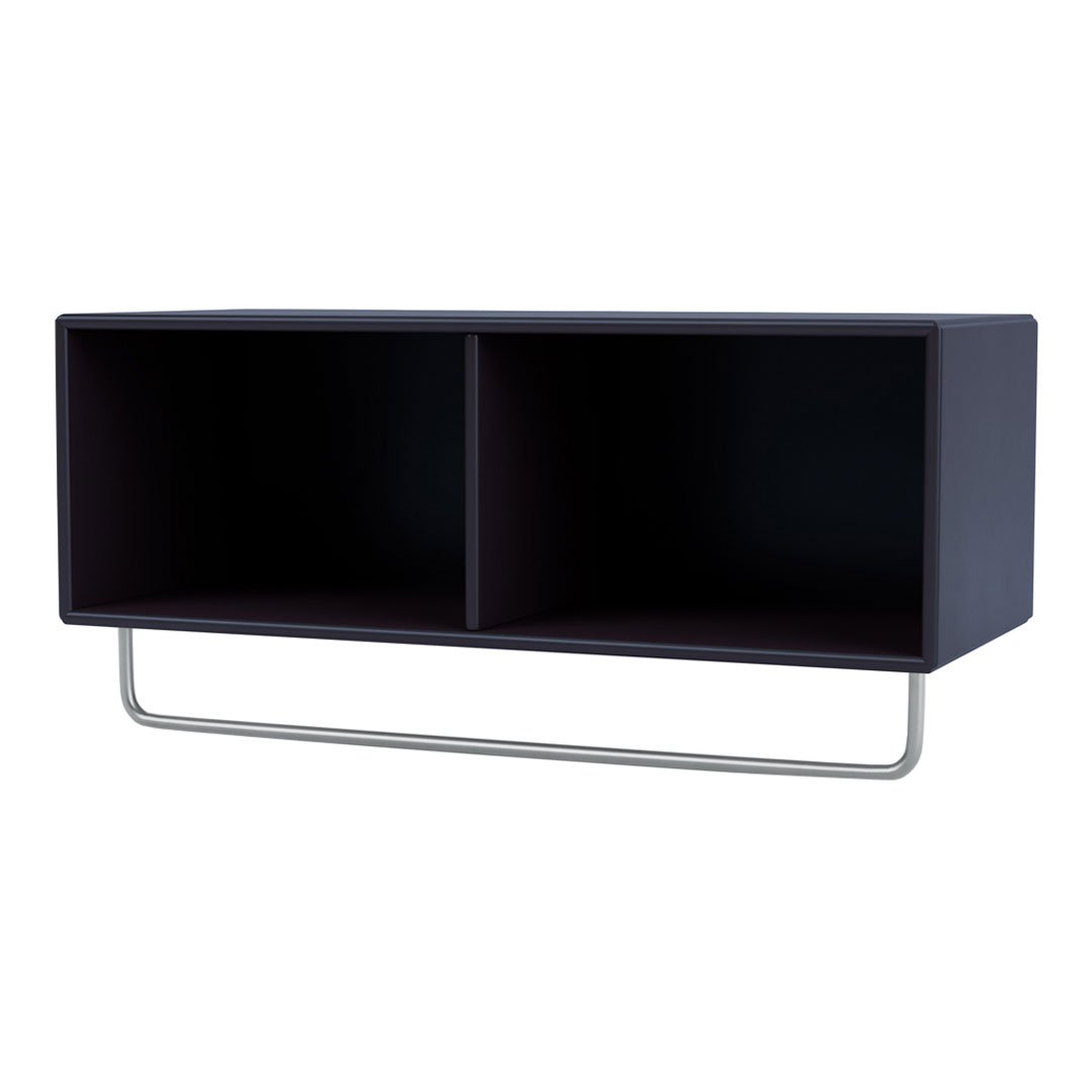 Modern dark blue shelf with two open compartments and a sleek silver metal frame. Elegant and minimalist design.