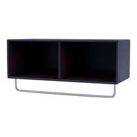 Modern dark blue shelf with two open compartments and a sleek silver metal frame. Elegant and minimalist design.