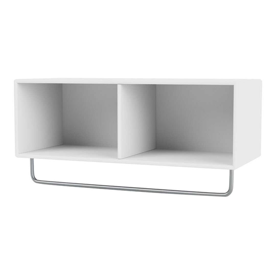 White minimalist shelf with two compartments and a sleek silver metal support. Ideal for modern décor.