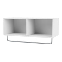 White minimalist shelf with two compartments and a sleek silver metal support. Ideal for modern décor.