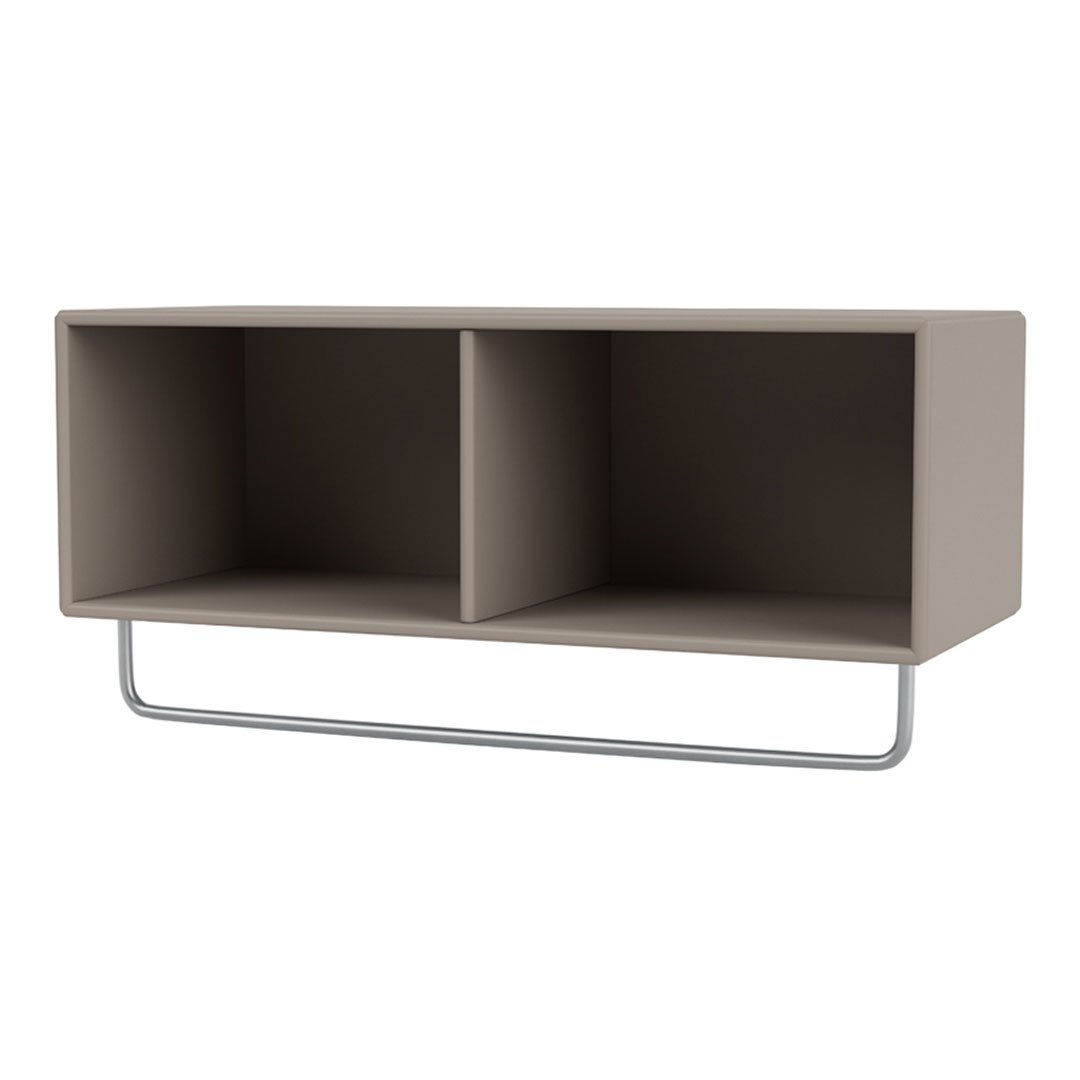Modern two-compartment shelf in soft taupe with sleek silver metal support. Minimalist design for any decor.