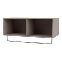 Modern two-compartment shelf in soft taupe with sleek silver metal support. Minimalist design for any decor.