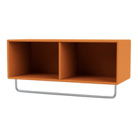 Orange two-compartment shelf with minimalist design and sleek silver metal support. Ideal for modern decor.