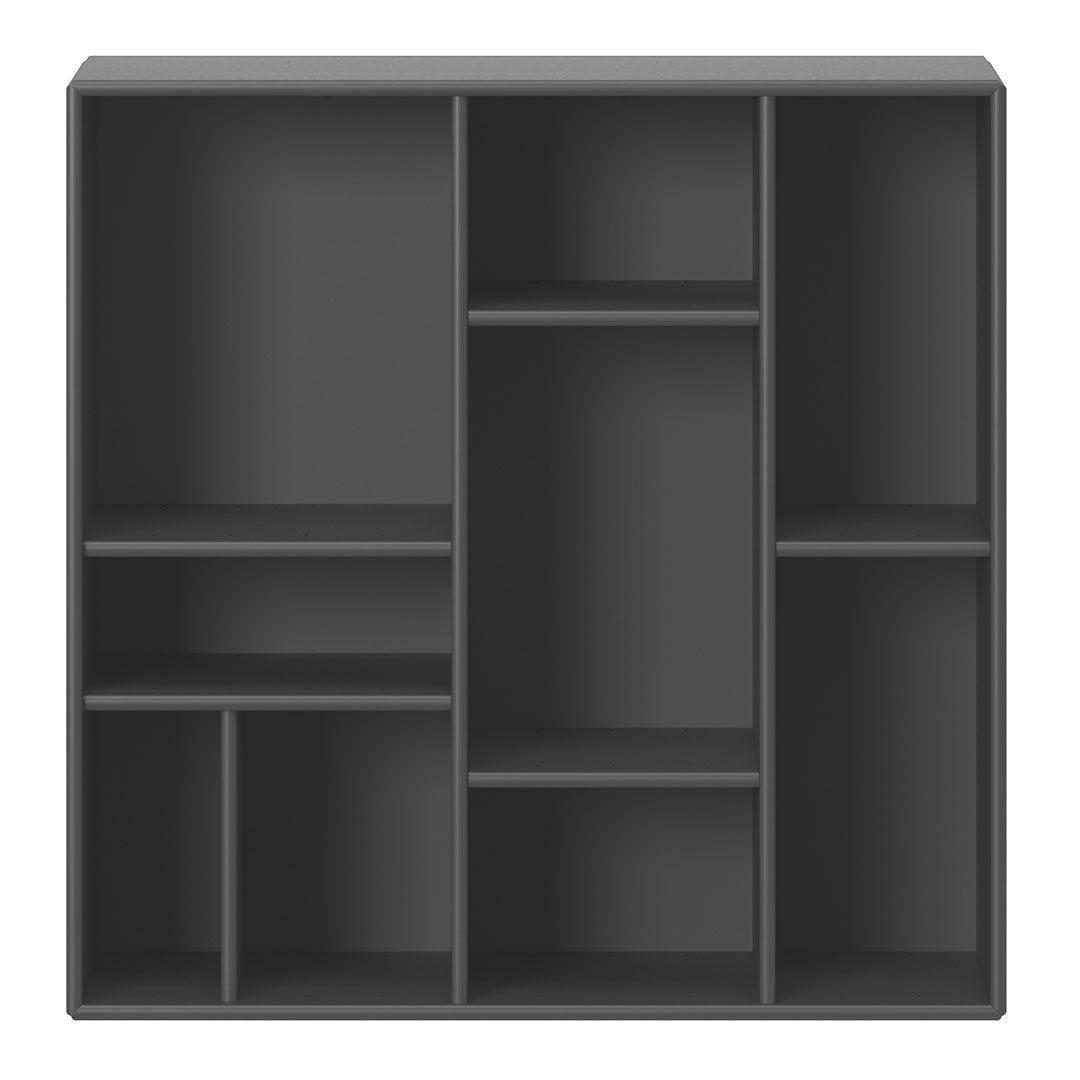 Gray modular shelving unit with multiple compartments and a sleek, modern design. Perfect for organizing spaces.