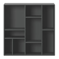 Gray modular shelving unit with multiple compartments and a sleek, modern design. Perfect for organizing spaces.