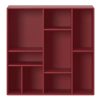 "Deep red bookshelf with multiple compartments and smooth matte finish, perfect for stylish storage solutions."