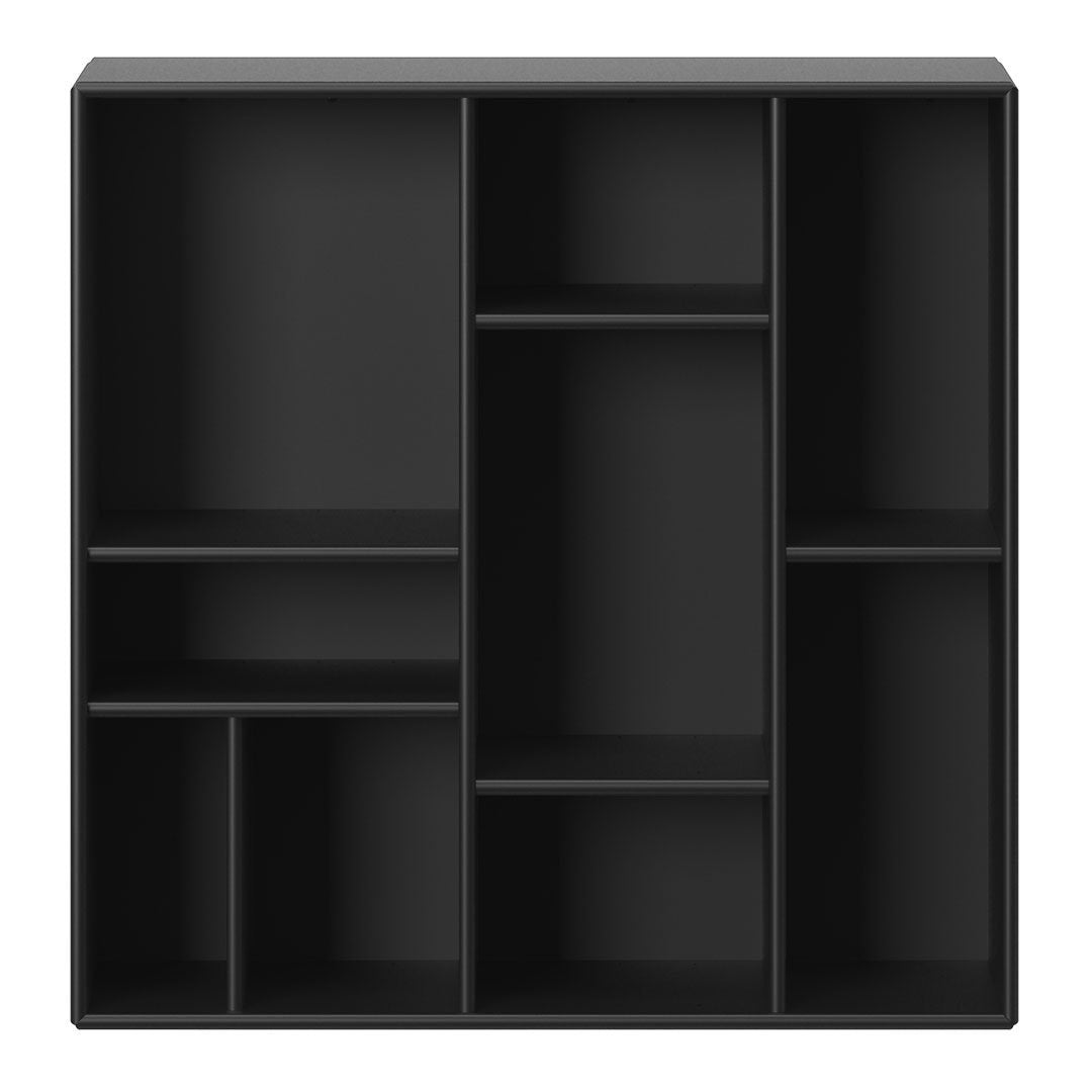 Black shelving unit with a modern design featuring various square and rectangular compartments.
