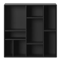 Black shelving unit with a modern design featuring various square and rectangular compartments.