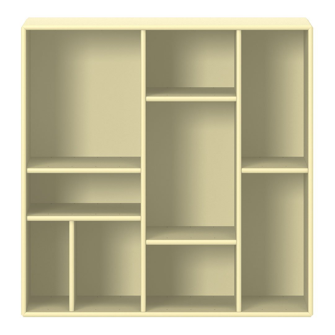 Light yellow shelving unit with a simple, modern design and symmetrical compartments for versatile storage.