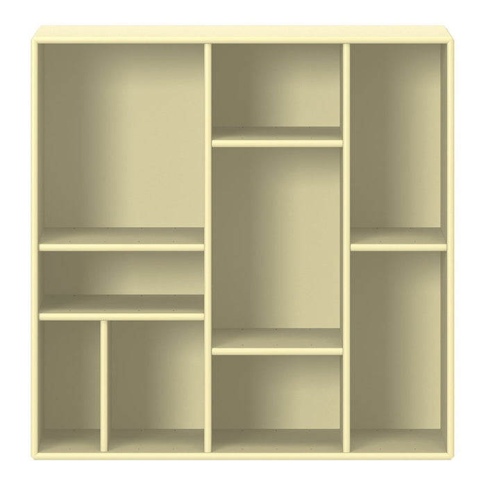 Light yellow shelving unit with a simple, modern design and symmetrical compartments for versatile storage.