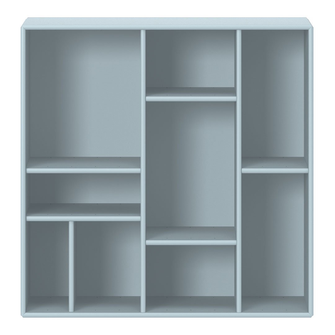 Light blue shelving unit with a simple design and multiple compartments. Ideal for modern decor.