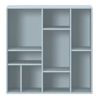 Light blue shelving unit with a simple design and multiple compartments. Ideal for modern decor.