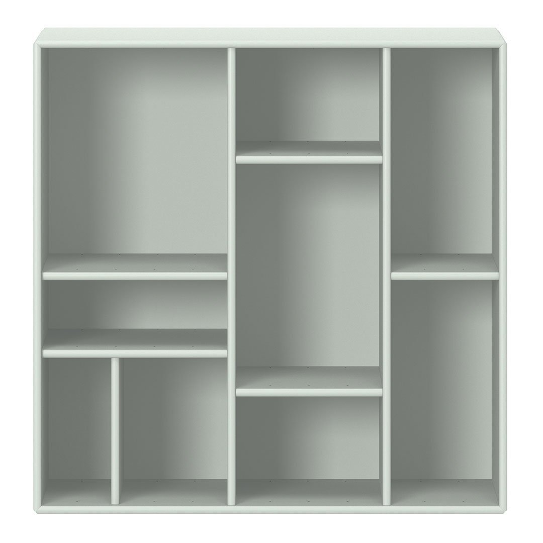Light gray shelving unit with minimalist design and multiple compartments for versatile storage solutions.