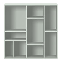 Light gray shelving unit with minimalist design and multiple compartments for versatile storage solutions.