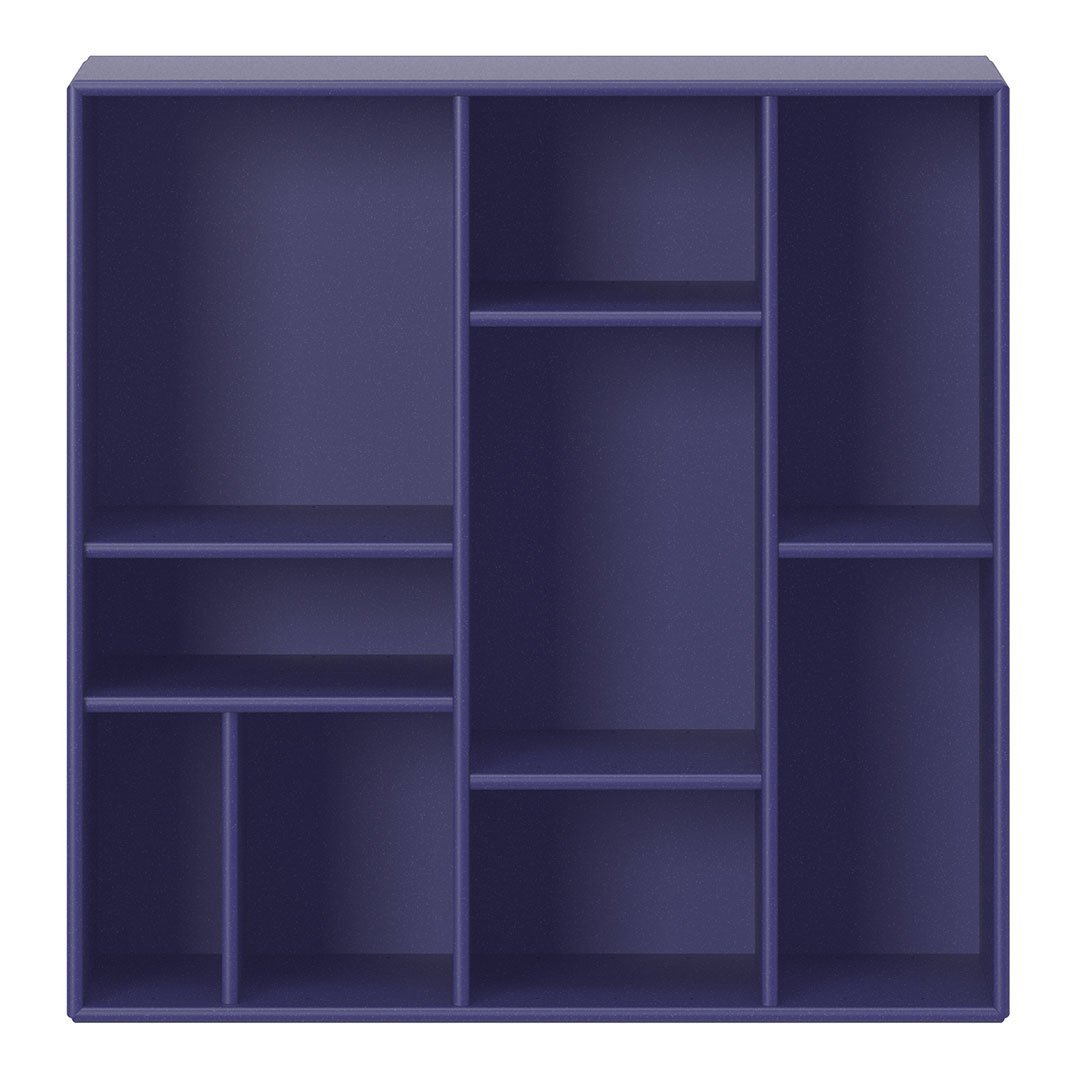 "Purple open storage shelf with various compartments and a smooth matte finish."