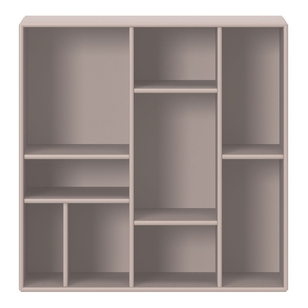 Light taupe shelving unit featuring a minimalist design with multiple compartments and smooth, solid surfaces.
