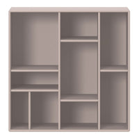 Light taupe shelving unit featuring a minimalist design with multiple compartments and smooth, solid surfaces.