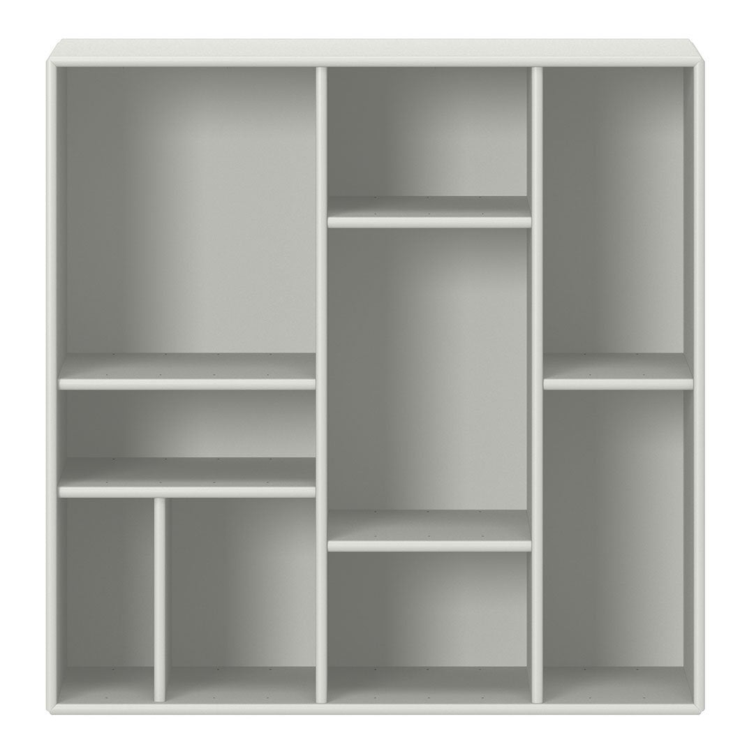 Light gray modular shelf unit with a clean, minimalist design and multiple open compartments for versatile storage.