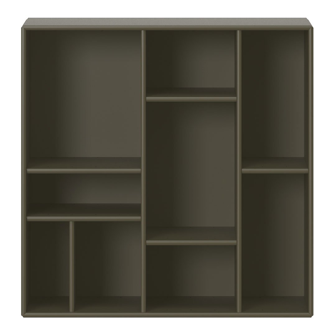 Dark green shelving unit with multiple compartments and a smooth, matte finish. Ideal for stylish organization.