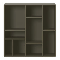 Dark green shelving unit with multiple compartments and a smooth, matte finish. Ideal for stylish organization.
