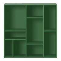 Green modular shelving unit with a smooth, matte finish and a modern design featuring multiple open compartments.