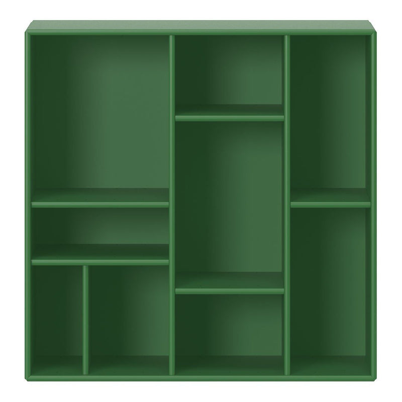 Green modular shelving unit with a smooth, matte finish and a modern design featuring multiple open compartments.