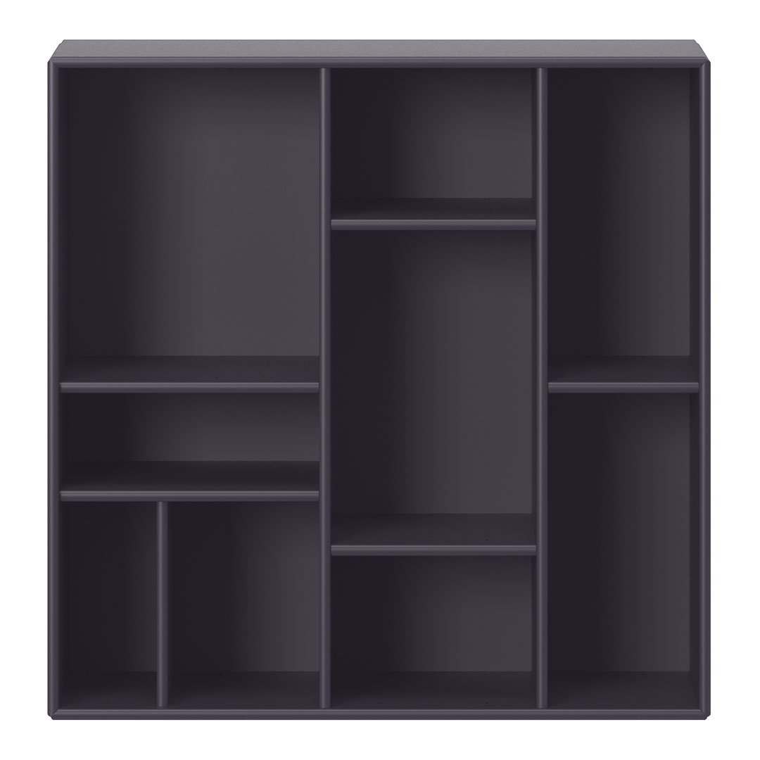 Dark gray bookshelf with a modern design, featuring multiple compartments and clean lines. Perfect for stylish storage.