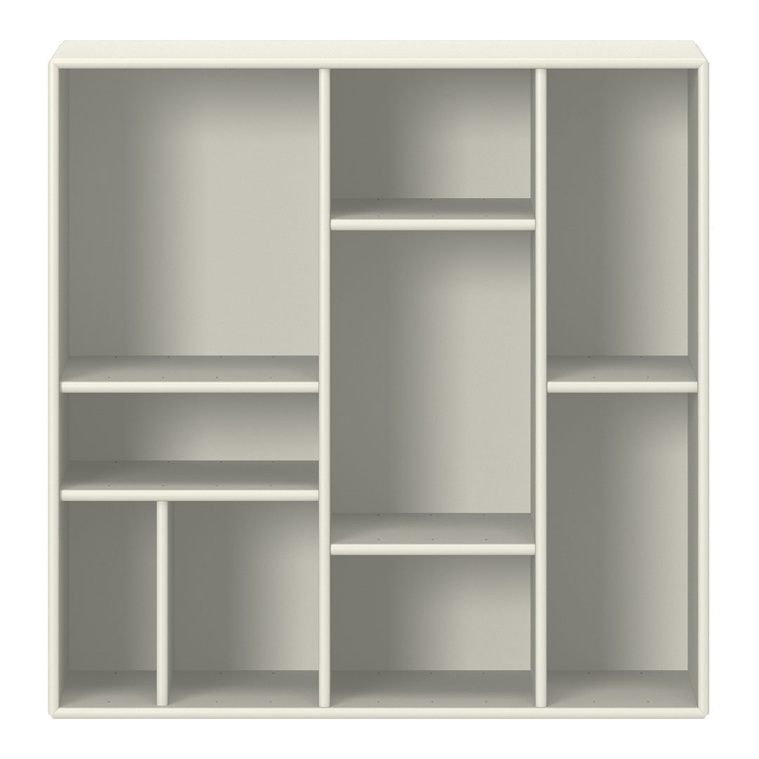 Light gray shelving unit with a minimalist design and multiple compartments for versatile storage solutions.
