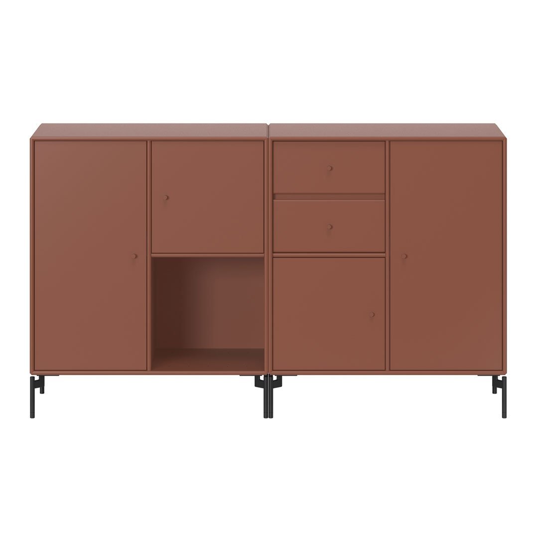 Modern brown storage cabinet with sleek, matte finish and minimalist design, featuring black metal legs.