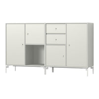 White modern cabinet with sleek design, featuring minimalistic doors and drawers in a matte finish.