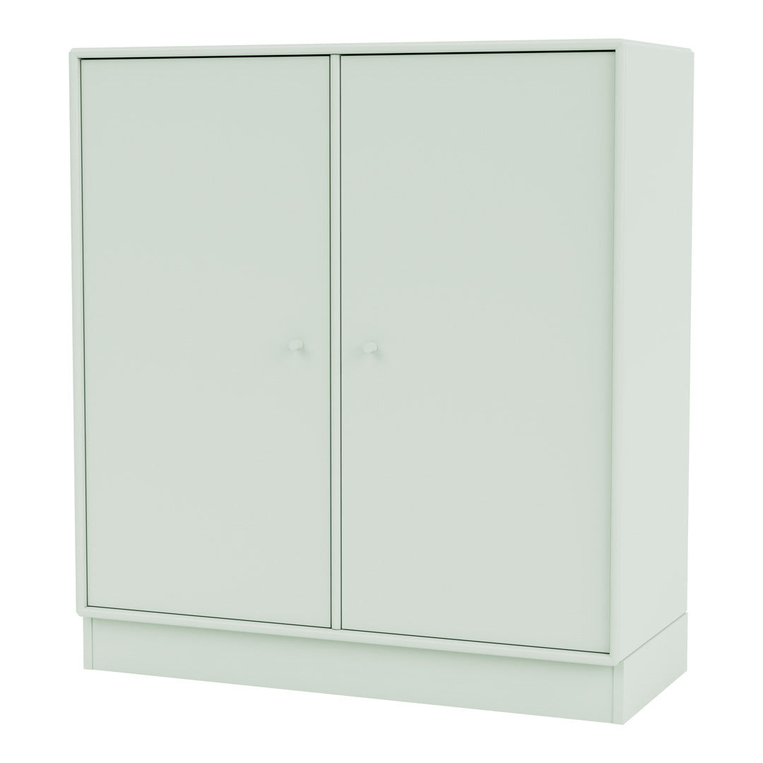 Light green storage cabinet with a smooth surface and minimalistic design, featuring two doors and round knobs.