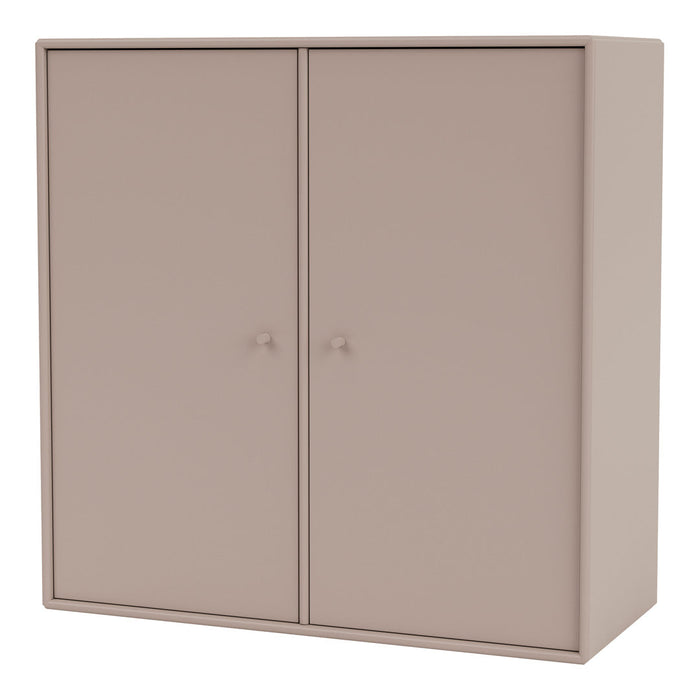 Neutral beige cabinet with smooth finish and minimalistic design, featuring flat doors and subtle round knobs.