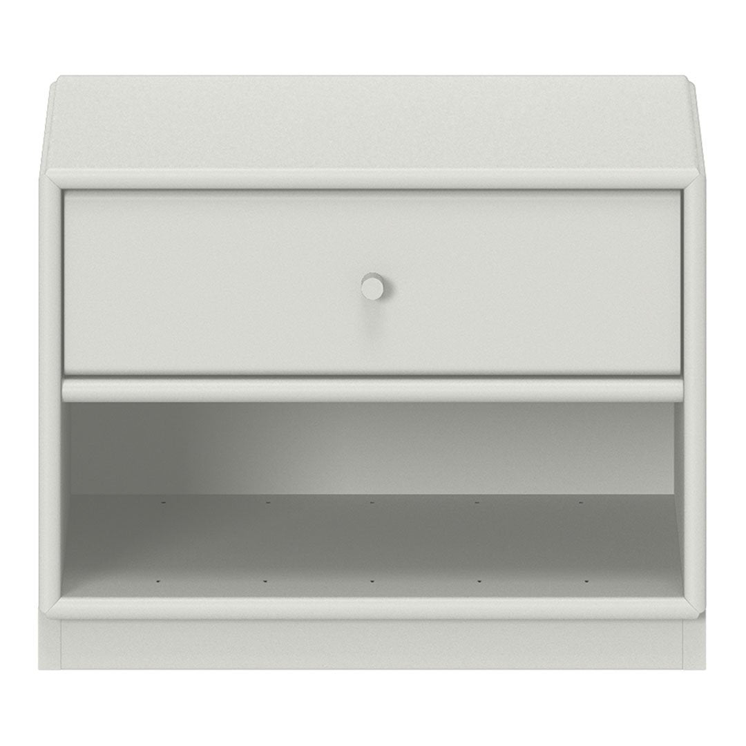 White bedside table with a minimalist design, featuring a smooth surface and subtle textured finish.