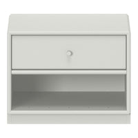 White bedside table with a minimalist design, featuring a smooth surface and subtle textured finish.