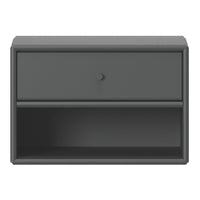 Gray nightstand with a sleek, matte finish, featuring a single drawer and an open shelf for versatile storage.