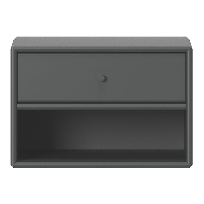 Gray nightstand with a sleek, matte finish, featuring a single drawer and an open shelf for versatile storage.