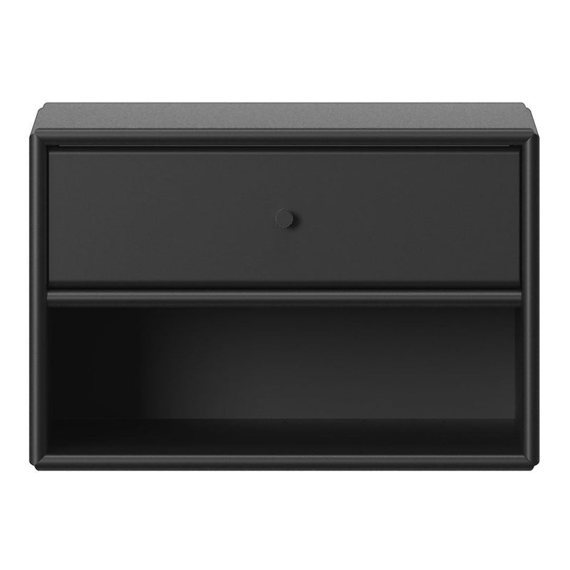 Sleek black nightstand with a simple design, featuring a single drawer and open shelf. Perfect for modern decor.