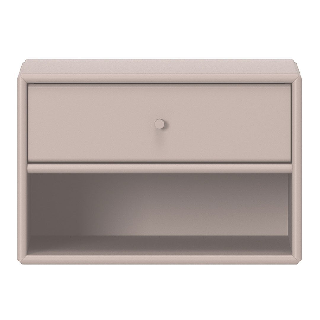 "Minimalist beige nightstand with smooth finish and simple lines, featuring a single drawer and an open shelf."