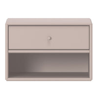 "Minimalist beige nightstand with smooth finish and simple lines, featuring a single drawer and an open shelf."