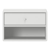 Modern white nightstand with smooth finish and minimalistic design, featuring a single drawer and open shelf.