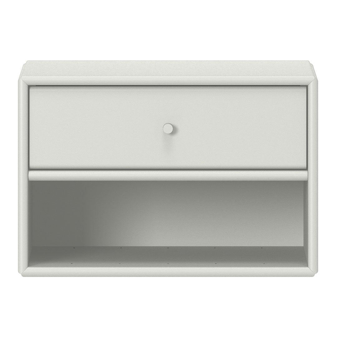 White bedside table with a smooth finish and minimalist design, featuring a top drawer and open lower shelf.