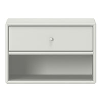 White bedside table with a smooth finish and minimalist design, featuring a top drawer and open lower shelf.