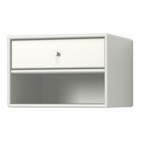White wall-mounted shelf with a smooth finish, featuring a single drawer and open space below. Minimalist design.